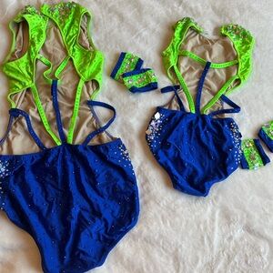 Glamour Costumes Neon Green Blue Dance Costume Child XLA Rhinestone
